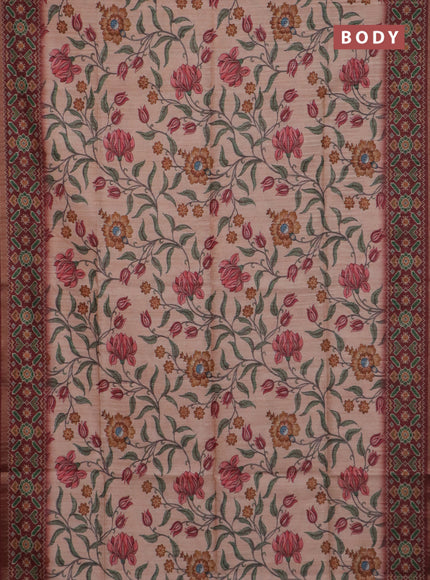 Art tussar saree peach orange and maroon with allover kalamkari prints and patola border