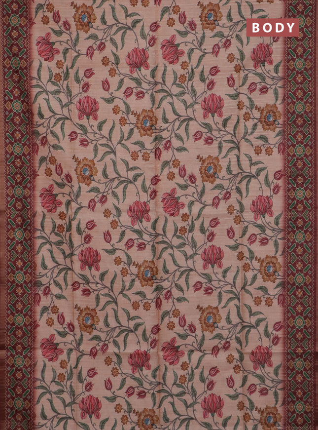 Art tussar saree peach orange and maroon with allover kalamkari prints and patola border