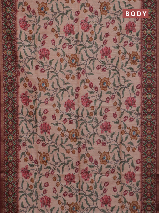 Art tussar saree peach orange and maroon with allover kalamkari prints and patola border