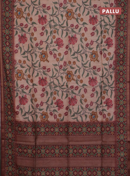 Art tussar saree peach orange and maroon with allover kalamkari prints and patola border