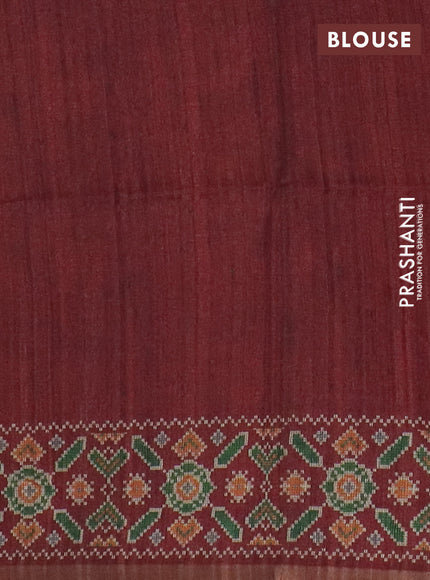 Art tussar saree peach orange and maroon with allover kalamkari prints and patola border