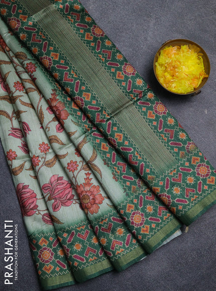 Art tussar saree pastel green and green with allover kalamkari prints and patola border
