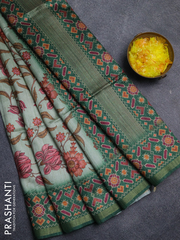 Art tussar saree pastel green and green with allover kalamkari prints and patola border