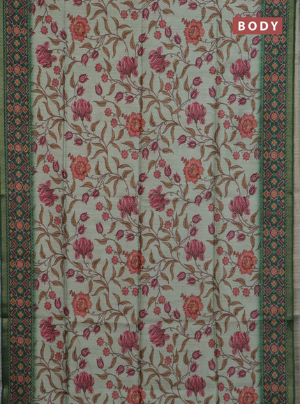 Art tussar saree pastel green and green with allover kalamkari prints and patola border
