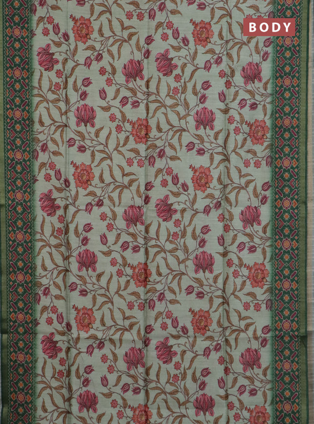 Art tussar saree pastel green and green with allover kalamkari prints and patola border