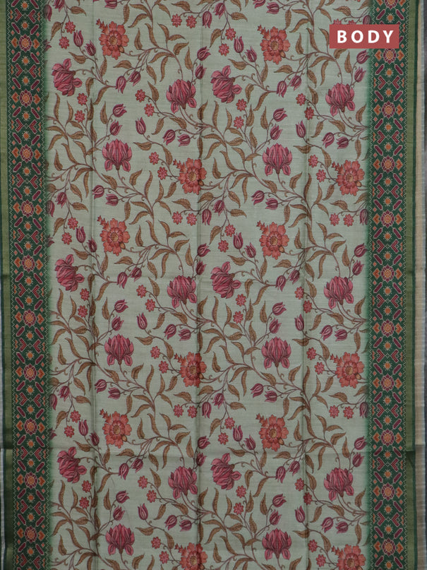 Art tussar saree pastel green and green with allover kalamkari prints and patola border