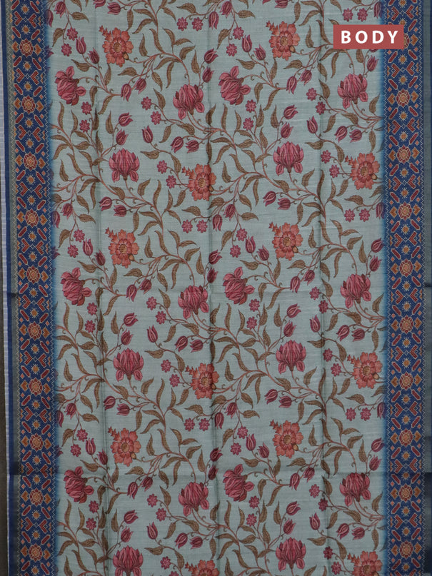 Art tussar saree pastel blue and blue with allover kalamkari prints and patola border