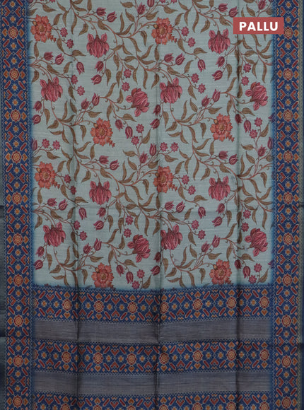 Art tussar saree pastel blue and blue with allover kalamkari prints and patola border