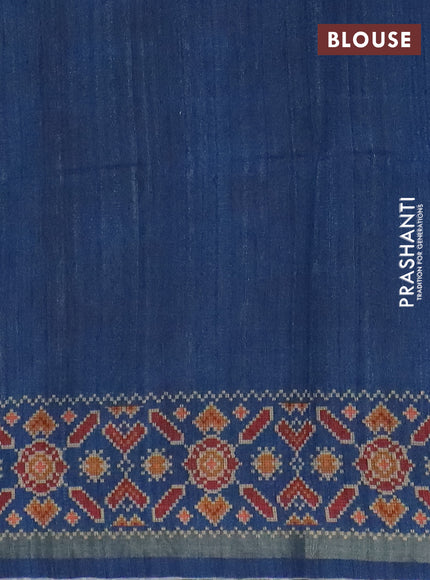 Art tussar saree pastel blue and blue with allover kalamkari prints and patola border