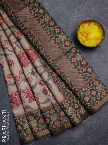 Art tussar saree peach orange and coffee brown with allover kalamkari prints and patola border