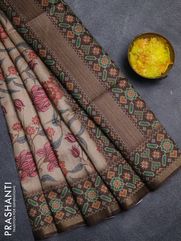 Art tussar saree peach orange and coffee brown with allover kalamkari prints and patola border