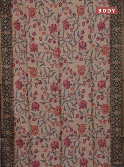 Art tussar saree peach orange and coffee brown with allover kalamkari prints and patola border