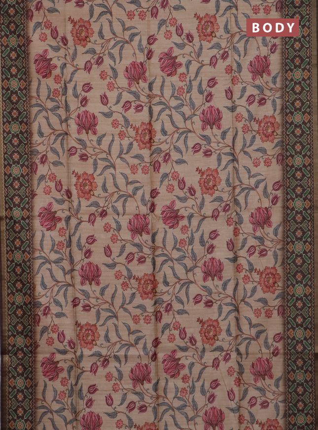 Art tussar saree peach orange and coffee brown with allover kalamkari prints and patola border