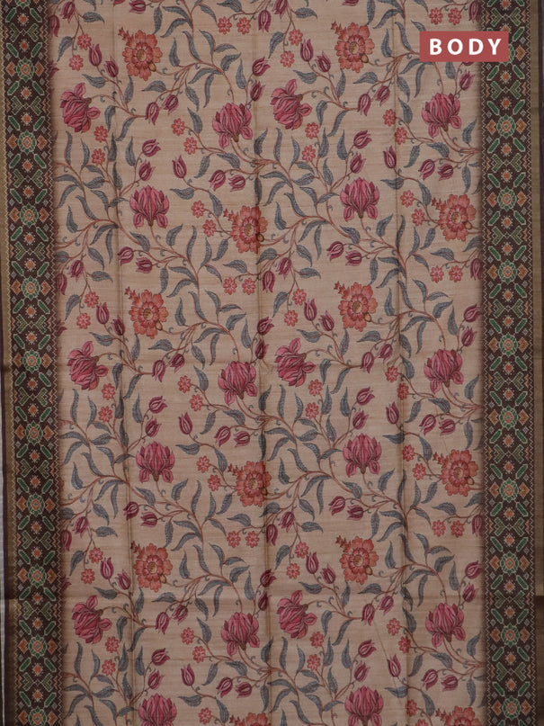 Art tussar saree peach orange and coffee brown with allover kalamkari prints and patola border