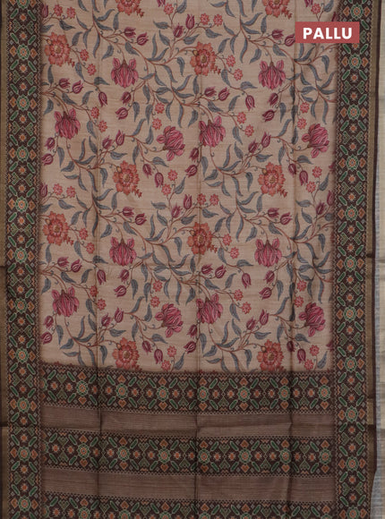 Art tussar saree peach orange and coffee brown with allover kalamkari prints and patola border