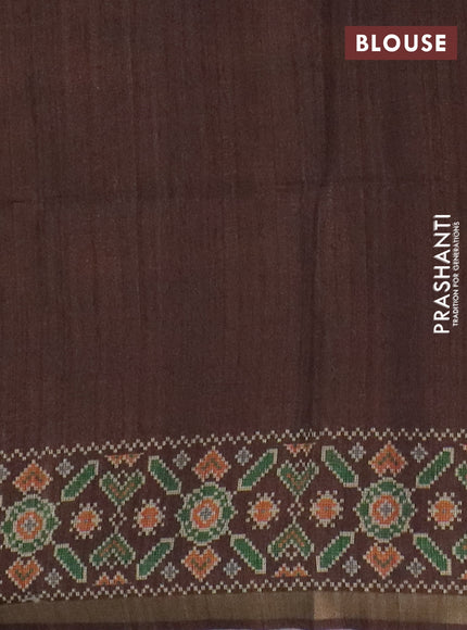 Art tussar saree peach orange and coffee brown with allover kalamkari prints and patola border