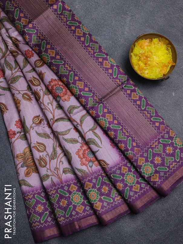 Art tussar saree mauve pink and purple with allover kalamkari prints and patola border
