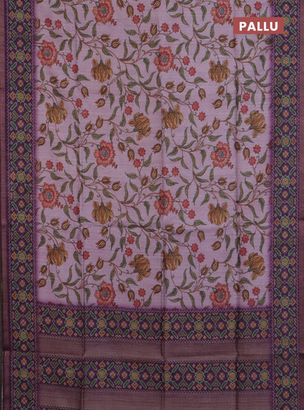Art tussar saree mauve pink and purple with allover kalamkari prints and patola border