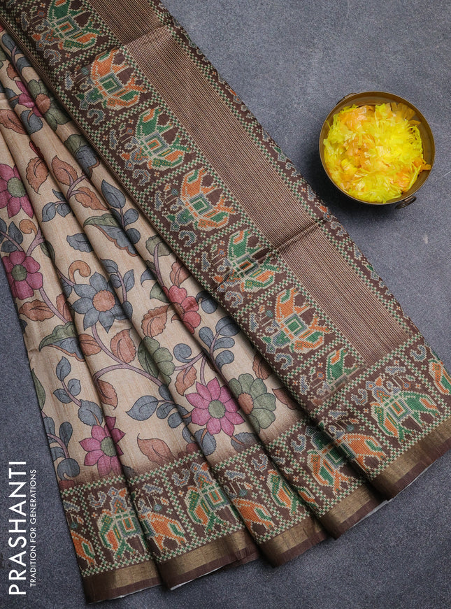 Art tussar saree sandal and coffee brown with allover kalamkari prints and patola border