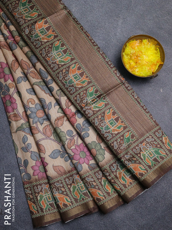 Art tussar saree sandal and coffee brown with allover kalamkari prints and patola border