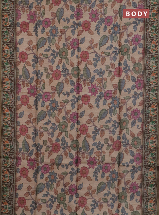Art tussar saree sandal and coffee brown with allover kalamkari prints and patola border