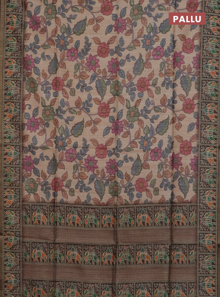 Art tussar saree sandal and coffee brown with allover kalamkari prints and patola border