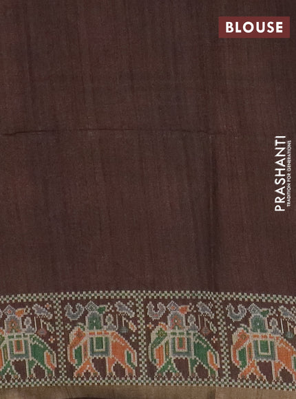 Art tussar saree sandal and coffee brown with allover kalamkari prints and patola border