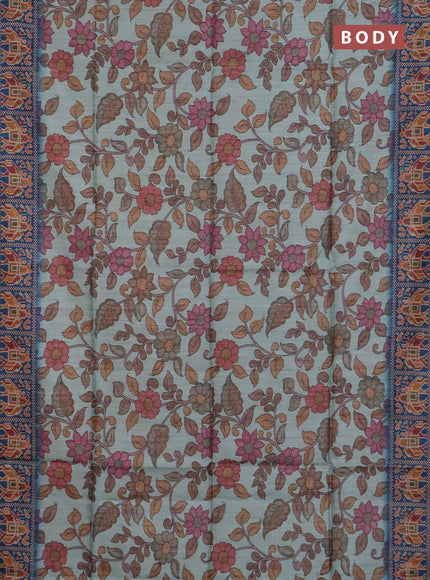 Art tussar saree pastel blue and peacock blue with allover kalamkari prints and patola border