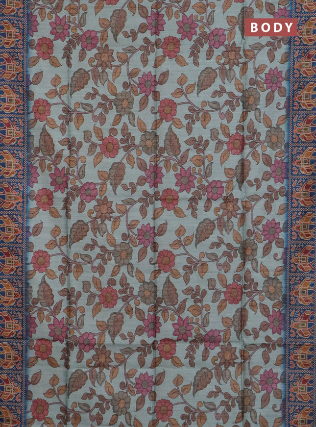 Art tussar saree pastel blue and peacock blue with allover kalamkari prints and patola border