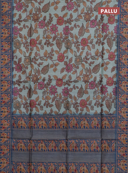 Art tussar saree pastel blue and peacock blue with allover kalamkari prints and patola border