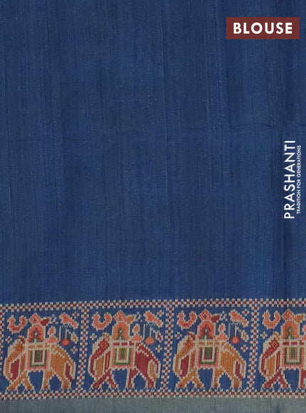 Art tussar saree pastel blue and peacock blue with allover kalamkari prints and patola border