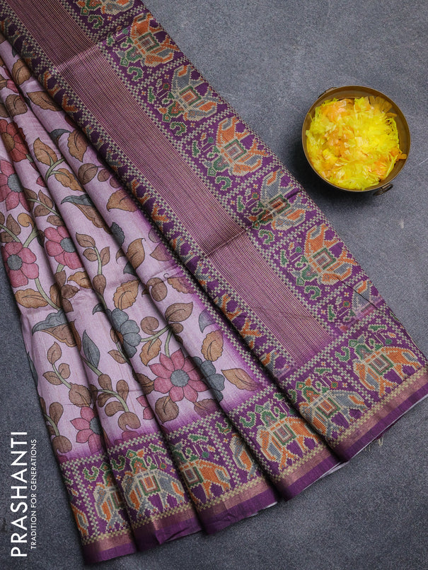 Art tussar saree light pink and purple with allover kalamkari prints and patola border