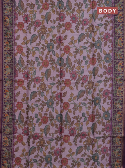 Art tussar saree light pink and purple with allover kalamkari prints and patola border
