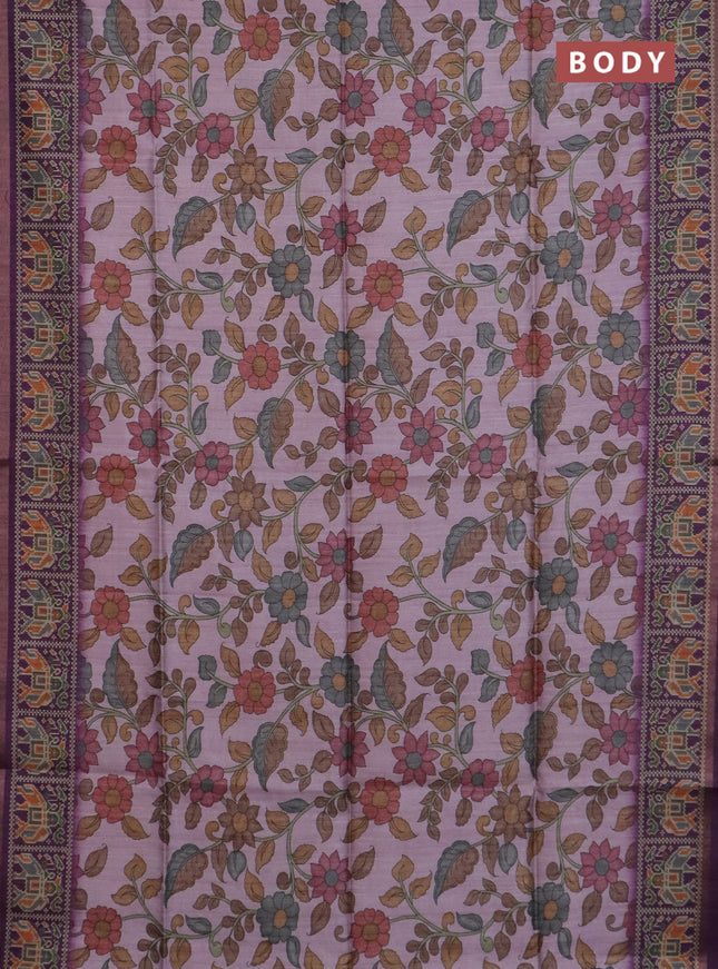 Art tussar saree light pink and purple with allover kalamkari prints and patola border