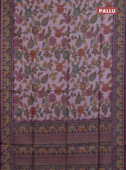 Art tussar saree light pink and purple with allover kalamkari prints and patola border