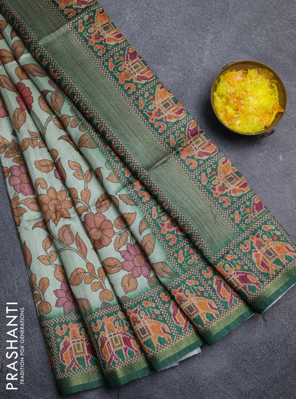 Art tussar saree pastel green and green with allover kalamkari prints and patola border