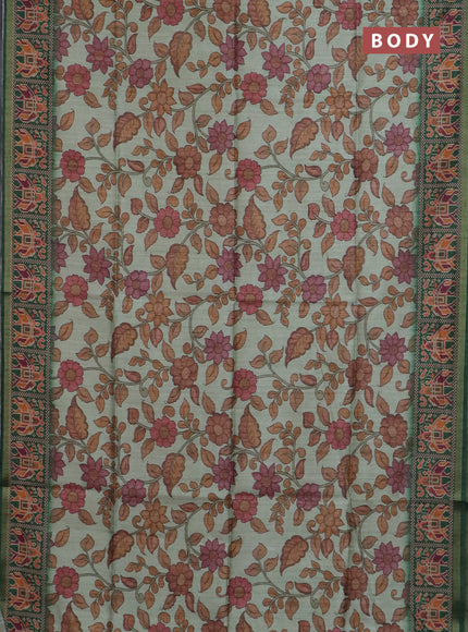 Art tussar saree pastel green and green with allover kalamkari prints and patola border