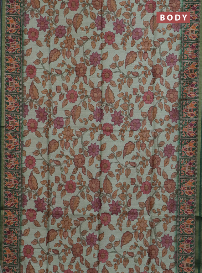 Art tussar saree pastel green and green with allover kalamkari prints and patola border