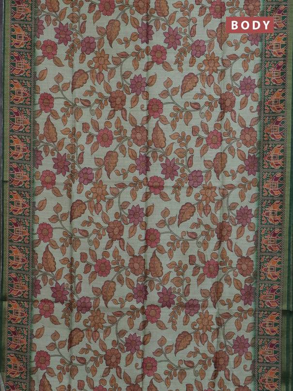 Art tussar saree pastel green and green with allover kalamkari prints and patola border