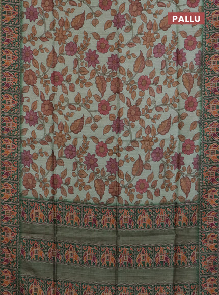 Art tussar saree pastel green and green with allover kalamkari prints and patola border