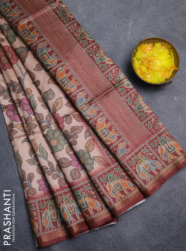 Art tussar saree peach orange and maroon with allover kalamkari prints and patola border