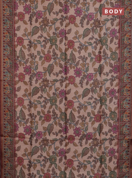 Art tussar saree peach orange and maroon with allover kalamkari prints and patola border