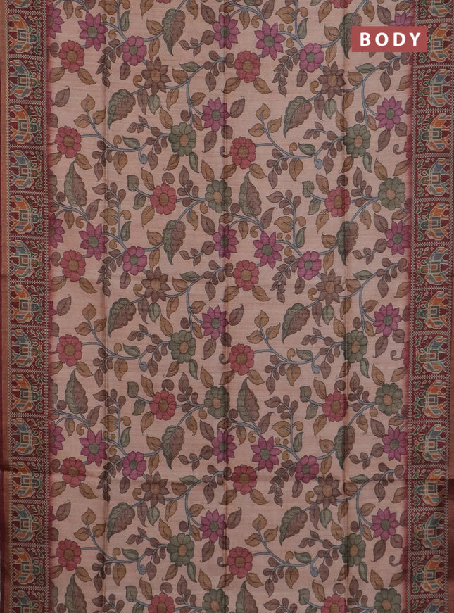 Art tussar saree peach orange and maroon with allover kalamkari prints and patola border