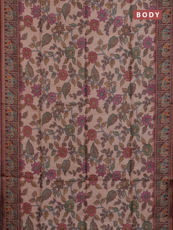 Art tussar saree peach orange and maroon with allover kalamkari prints and patola border