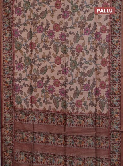 Art tussar saree peach orange and maroon with allover kalamkari prints and patola border