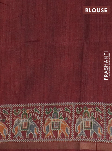 Art tussar saree peach orange and maroon with allover kalamkari prints and patola border