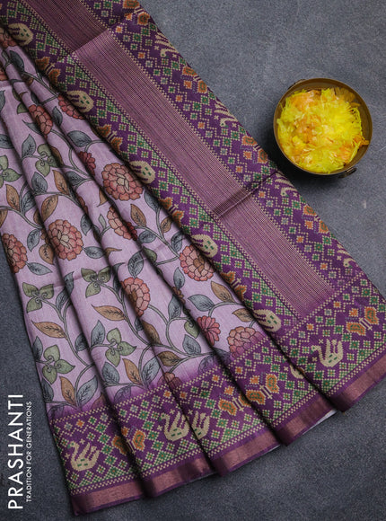 Art tussar saree light pink and purple with allover kalamkari prints and patola border