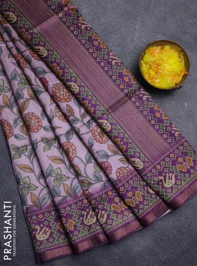 Art tussar saree light pink and purple with allover kalamkari prints and patola border