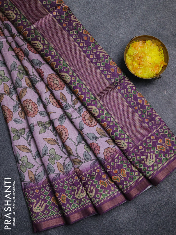 Art tussar saree light pink and purple with allover kalamkari prints and patola border