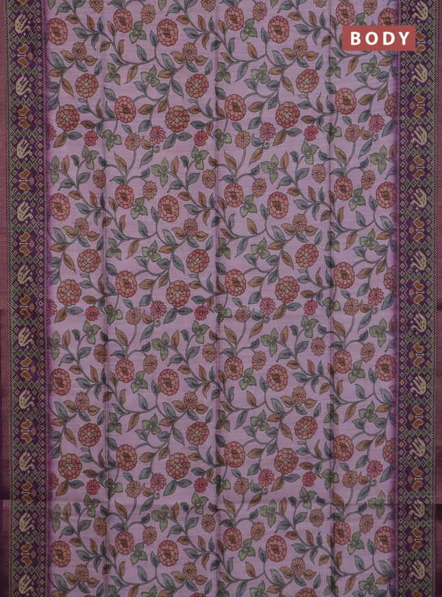 Art tussar saree light pink and purple with allover kalamkari prints and patola border